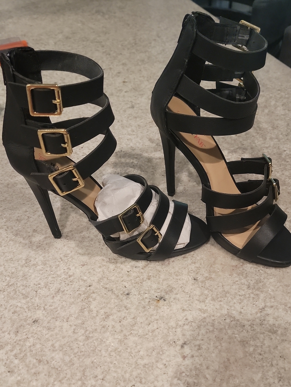 Black Strappy High Heel Sandals with Gold Buckles - Women Shoes